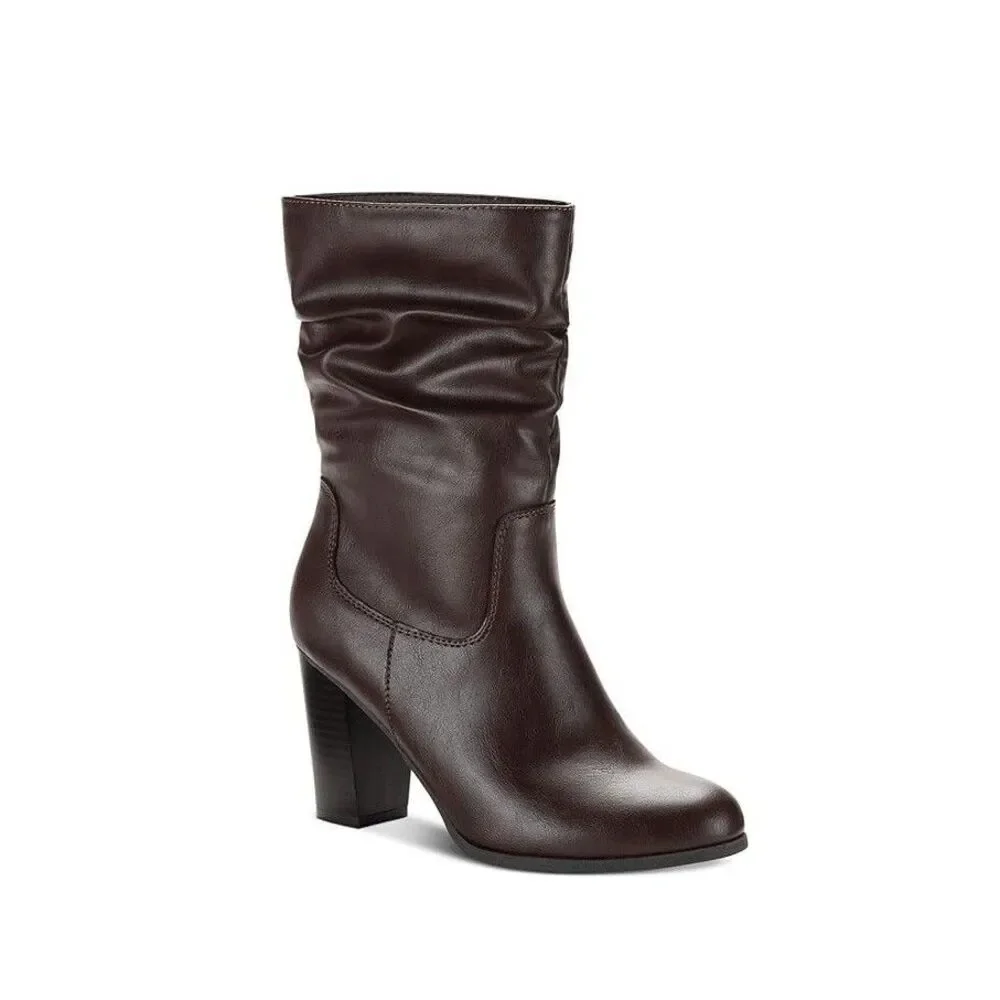 Style & Co Womens 7 M Brown Saraa Faux Leather Block Heel Boots DISPLAY QK9